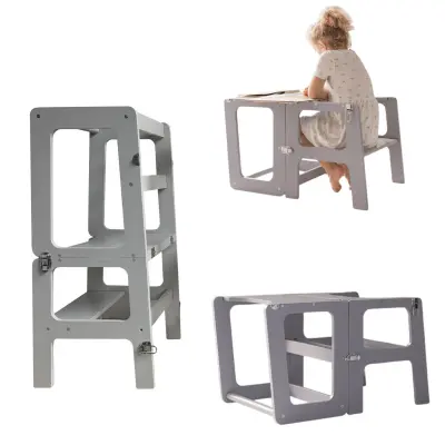 Kuhinjski Pomočnik 2 V 1 Učni stolp in stolček Lama - Siv