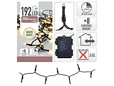Led Veriga 192L Topla, Na Baterije 14,5M + 8 Funkcij, Časovnik 3X Aa 1,5V