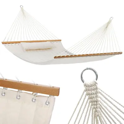 Vrtna viseča mreža z blazino, prešita, za dve osebi, bež, s prečko, gugalnica