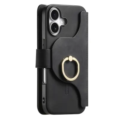 Etui za iPhone 16 z denarnico, obročkom in stojalom, magnetni preklopni ovitek