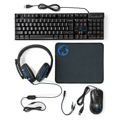 Nedis, 5-v-1 QWERTY Gaming Pack s tipkovnico, miško in slušalkami z osvetlitvijo LED, Črna