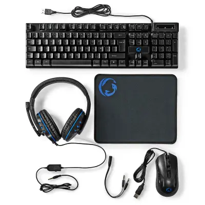 Nedis, Gaming paket 5-v-1 AZERTY z osvetljeno tipkovnico, miško in slušalkami, Črna