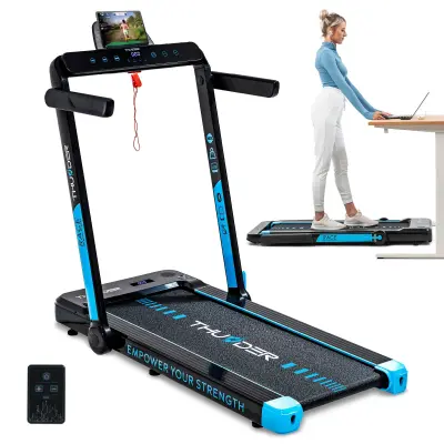 Električna pod-biro zložljiva tekalna steza THUNDER® RACE-BLACK– 14 km/h, 2 KM, 14 cm nizka zasnova, Bluetooth, nosilnost 130 kg