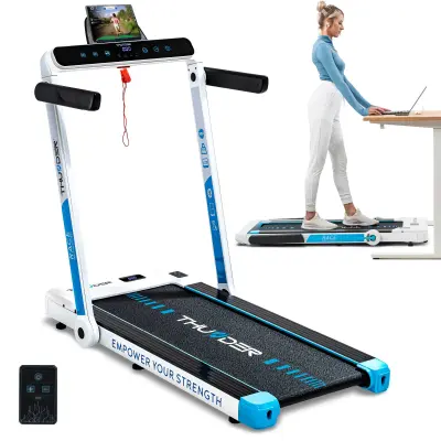 Električna pod-biro zložljiva tekalna steza THUNDER® RACE-WHITE– 14 km/h, 2 KM, 14 cm nizka zasnova, Bluetooth, nosilnost 130 kg