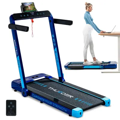Električna pod-biro zložljiva tekalna steza THUNDER® RACE-BLUE – 14 km/h, 2 KM, 14 cm nizka zasnova, Bluetooth, nosilnost 130 kg