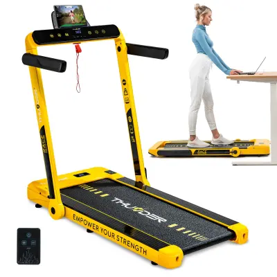 Električna pod-biro zložljiva tekalna steza THUNDER® RACE-GOLD– 14 km/h, 2 KM, 14 cm nizka zasnova, Bluetooth, nosilnost 130 kg