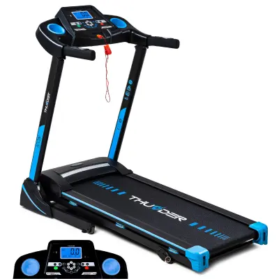 Električna zložljiva tekalna steza THUNDER® ICON-BLUE – do 17 km/h, 2 KM, LED zaslon, amortizacija, APP, nosilnost 140 kg