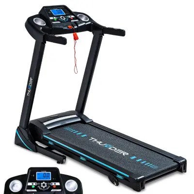 Električna zložljiva tekalna steza THUNDER® ICON-BLACK – do 17 km/h, 2 KM, LED zaslon, amortizacija, APP, nosilnost 140 kg