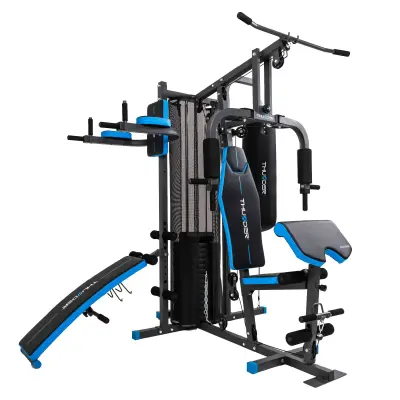 Večpostajna domača telovadnica THUNDER® PUNCH – Multi-Gym, 4 postaje, 87 kg uteži, nastavljiva klop, modlitevnik, zgornji & spodnji škripci, bo