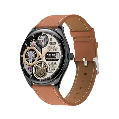 Pametna ura z Bluetooth klicanjem - Črna številčnica z rjavim PU usnjenim pasom