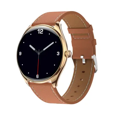 Pametna ura Rose Gold z rjavim PU usnjenim pasom - Bluetooth klic in spremljanje zdravja