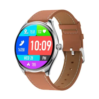 Pametna ura s srebrno številčnico in rjavim PU usnjenim pasom - Bluetooth klic