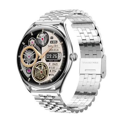 Srebrna pametna ura z Bluetooth klicem, merilnikom srčnega utripa in kovinskim paščkom