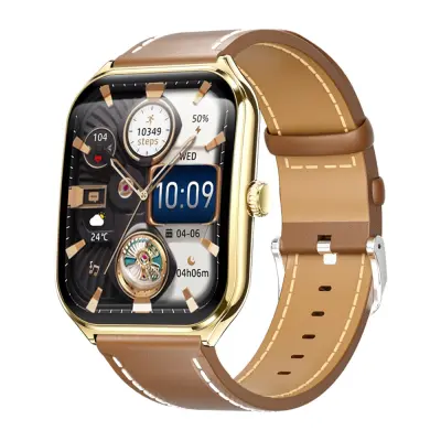 Pametna ura Titanium Gold z rjavim PU usnjenim paščkom - sledenje zdravju