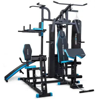 Večpostajni večfunkcijski fitnes stolp THUNDER® DIGLET – drsni modlitevnik, klop, dip station, 80 kg uteži, boksarska vreč