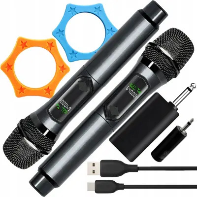 Brezžični aku. karaoke set 2x mikrofon LCD in sprejemnik do 50m 2,4 GHz