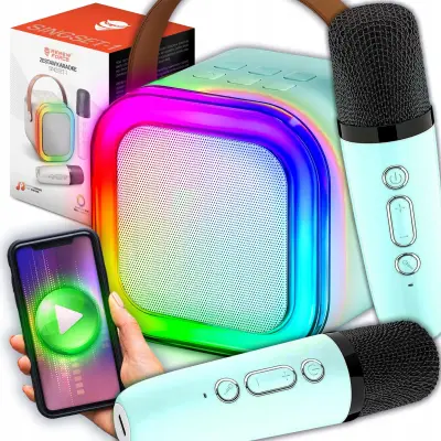 Aku. 1200mAh karaoke zvočnik Bluetooth 5.3 2x mikrofon LED RGB moder
