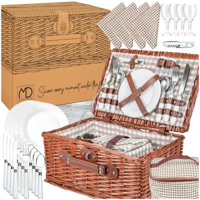 Pletena košara za piknik iz vrbovega protja za 4 osebe, termo torba za latte