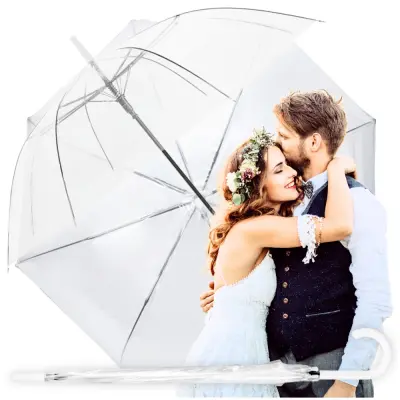 Prozoren poročni dežnik, bel, velik, dolg, ženski
