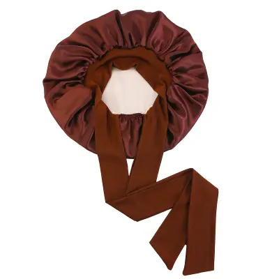 Dvoslojna satenasta elastična spalna kapa s trakovi - kava