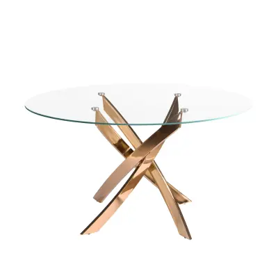 Okrogla jedilna miza iz kaljenega stekla in roza jekla