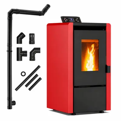 Peč na pelete THUNDER LEYLA-RED 6 kW, največja moč 8 kW, Wi-Fi, termostat, daljinski upravljalnik, priključne cevi