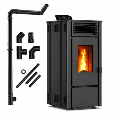 Peč na pelete THUNDER SOPHIA-BLACK 9 kW z razvodom toplega zraka DGP, Wi-Fi, termostatom in priključnimi cevmi