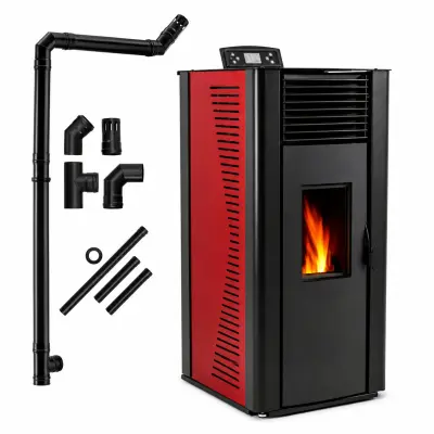 Peč na pelete THUNDER VAYNE-RED 13 kW z vodnim plaščem, Wi-Fi, termostatom in priključnimi cevmi