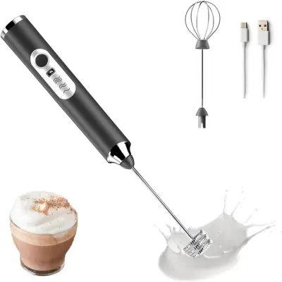 Električni penilnik mleka - 2 v 1 - Metlica za jajca - Mešalnik - Polnilni kabel USB - Penilnik mleka - Črn