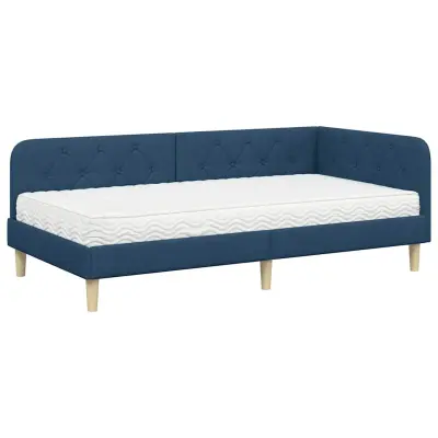 vidaXL Kotna postelja z vzmetnico z vzglavjem Modra 90 x 190 cm blago