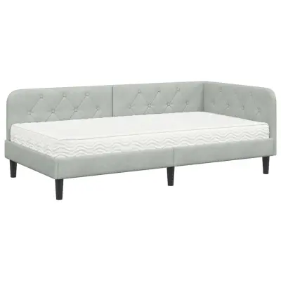 vidaXL Kotna postelja z vzmetnico Svetlo siva 90 x 200 cm Žamet