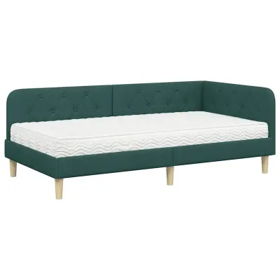 vidaXL Kotna postelja z vzmetnico Temno zelena 90 x 190 cm blago