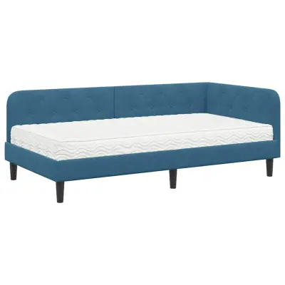 vidaXL Kotna postelja z vzmetnico z vzglavjem Modra 90 x 200 cm Žamet