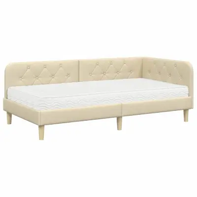 vidaXL Kotna postelja z vzmetnico z vzglavjem krema 90 x 190 cm blago