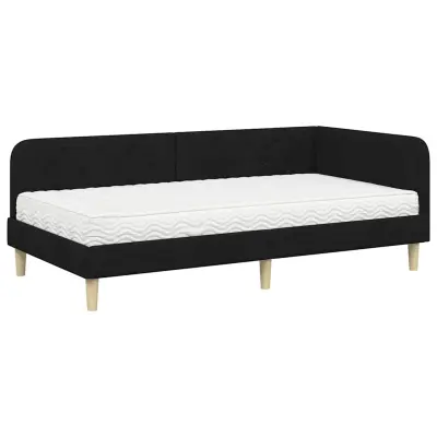 vidaXL Kotna postelja z vzmetnico z vzglavjem Črna 90 x 200 cm blago
