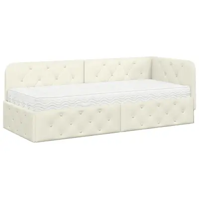 vidaXL Kotna postelja z vzmetnico z vzglavjem krema 80 x 200 cm Žamet