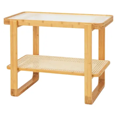 Kavna mizica iz bambusa s steklenim vrhom in polico iz ratana