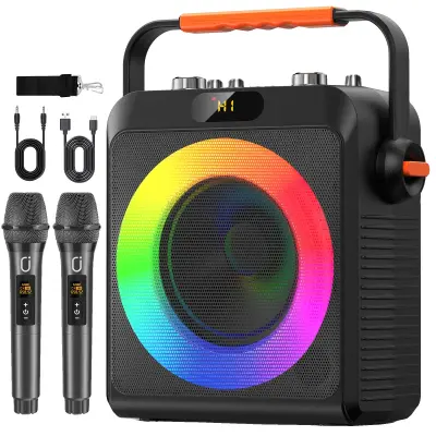 Karaoke naprava, 2 brezžična mikrofona, vgrajen zvočnik, prenosna zasnova -črna
