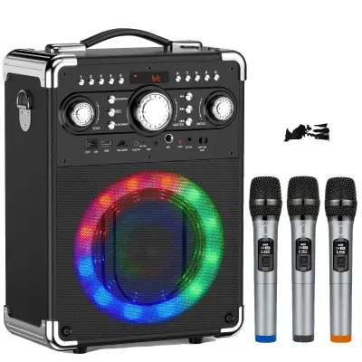 Karaoke zvočnik, brezžični mikrofoni: 3, Bluetooth različica: 5.3, LED luči -črna