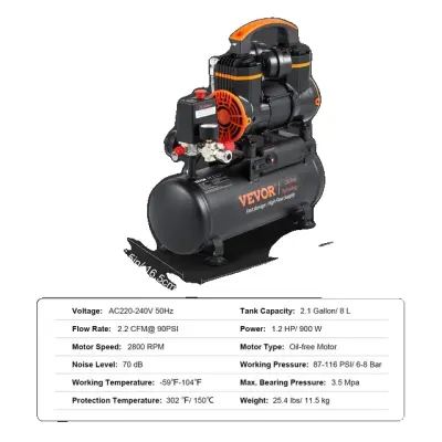 Tiha zračna črpalka, brez olja, prenosna -8L 900W