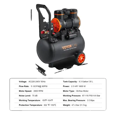 VEVOR Tiha Zračna Črpalka, Kapaciteta 9.3 Galon, Moč 2.5 HP -35L 1800W