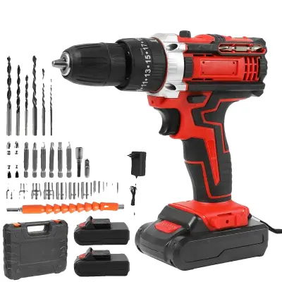 Brezžični udarni vrtalnik, največji navor 32 N·m, nazivna napetost 21 V, hitrost 0-1500 rpm -Rdeča z 2X Baterijo