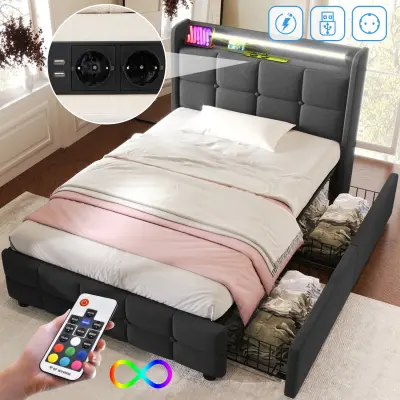 Siv enojni oblazinjen posteljni okvir z USB, LED, 2 predaloma, 90x200 cm (brez vzmetnice)