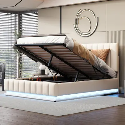 Oblazinjena postelja 140x200 cm z LED osvetlitvijo, letveni okvir, predal za posteljnino, shramba, bela (brez vzmetnice)