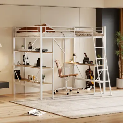 Kovinski okvir postelje z visokim ležiščem in mizo ter policami (90x200 cm, bel)