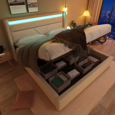 Hidravlična postelja z odlagalnim prostorom in LED svetlobnim trakom, oblazinjen dvojni okvir postelje 160x200cm, bela (daljinski upravljalnik)