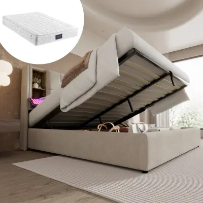 Zakonska postelja z brezžičnim polnjenjem USB C, oblazinjen posteljni okvir 140x200 cm s shrambo - naravni lan (z vzmetnico)