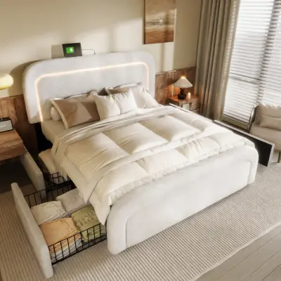 Posteljni okvir z USB-C, LED, 4 predali, 140x200 cm, bel (brez vzmetnice)