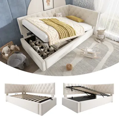 Oblazinjena postelja/ležalnik 90x200cm, raztegljiv kavč s prostorom za shranjevanje, lesen letveni okvir, žamet, bež.