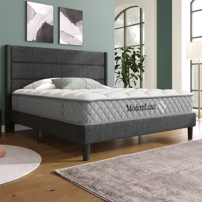 Oblazinjena postelja 140x200 cm, posteljni okvir z letvenim podnožjem in vzglavjem, prevleka iz tekstila temno sivega lana.